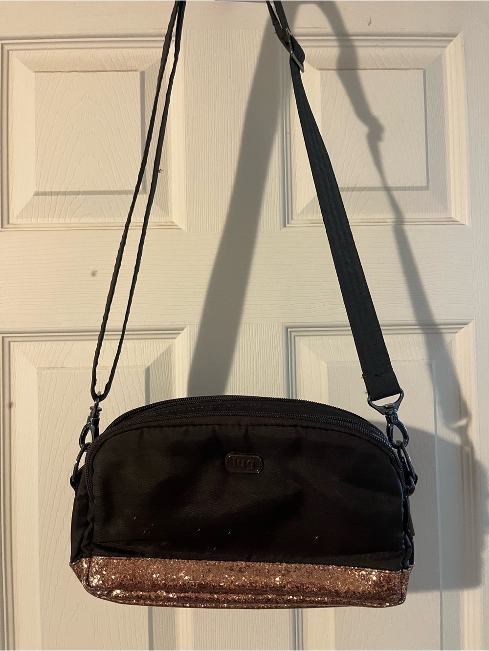 Lug Punter Brown Crossbody Bag with Gold Sequin Accent